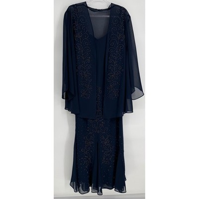 Catherines Womens Navy Blue Beaded 2-Piece Chiffon Dress and Jacket Set Sz 28W