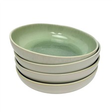 Set of 4 Green Stoneware Deep Plates, 22cm Reactive Glaze Pasta Bowl Dishes