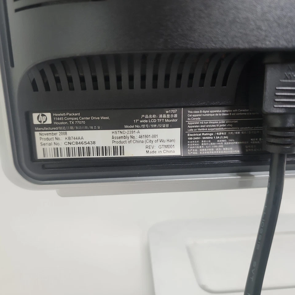 HP w1707 17" Inch Widescreen LCD Monitor 1440x900 VGA DVI Audio HSTND-2391-A - Image 3 of 4