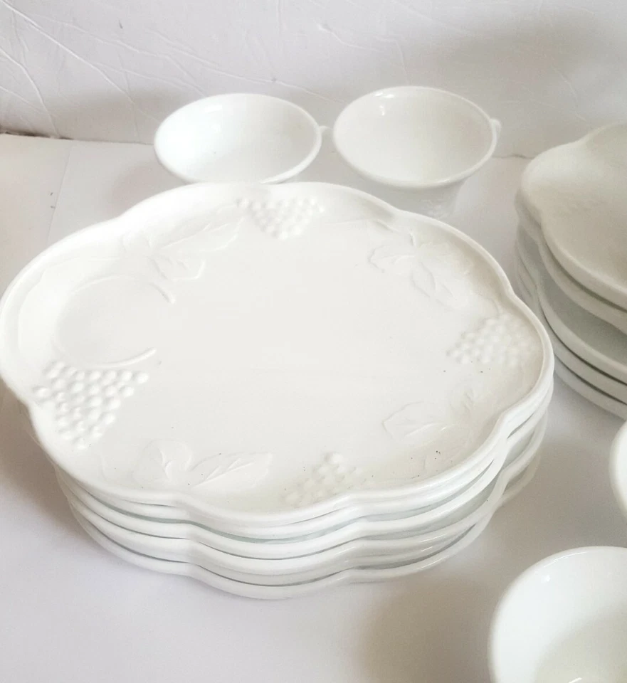 Indiana Glass Company Colony White Milk Glass Grape 23 pc Snack Sets UNUSED - Image 3 of 4