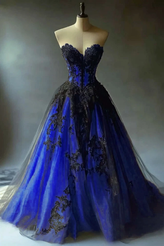 Gothic Black &Champagne Wedding Dresses Sweetheart Lace Appliques Bridal Gowns - Image 3 of 4