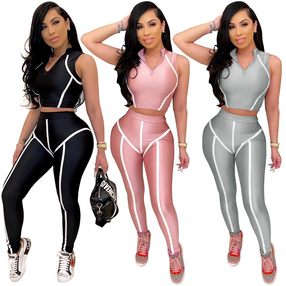 Womens Sexy Hot Fashion 2PC Bodycon Nylon Crop Top Shirt Leggings