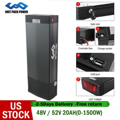 52V/48V 20Ah Rear Rack Ebike Battery for 0-1500W Bicycle Motor with Taillight US