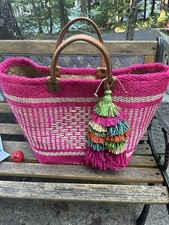 Mar Y Sol Navy And Cream Jute Rafia Straw Bag Leather Handles Pom-poms Beach