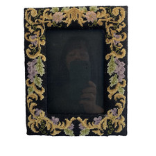 Needlepointed Picture Frame Black Floral Horizontal/Vertical 6.5x 4.5 In. Photo