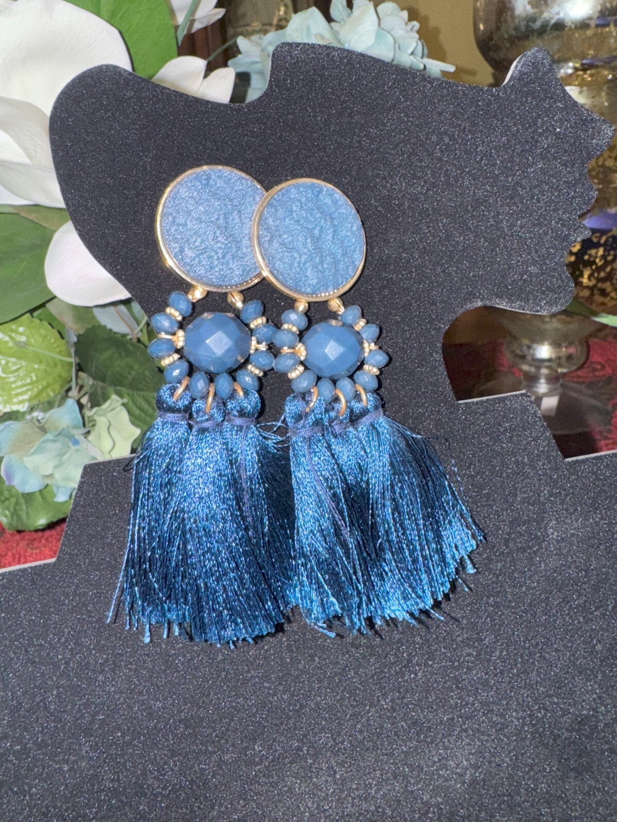Blue Statement Tassel Stud Earrings - image 2