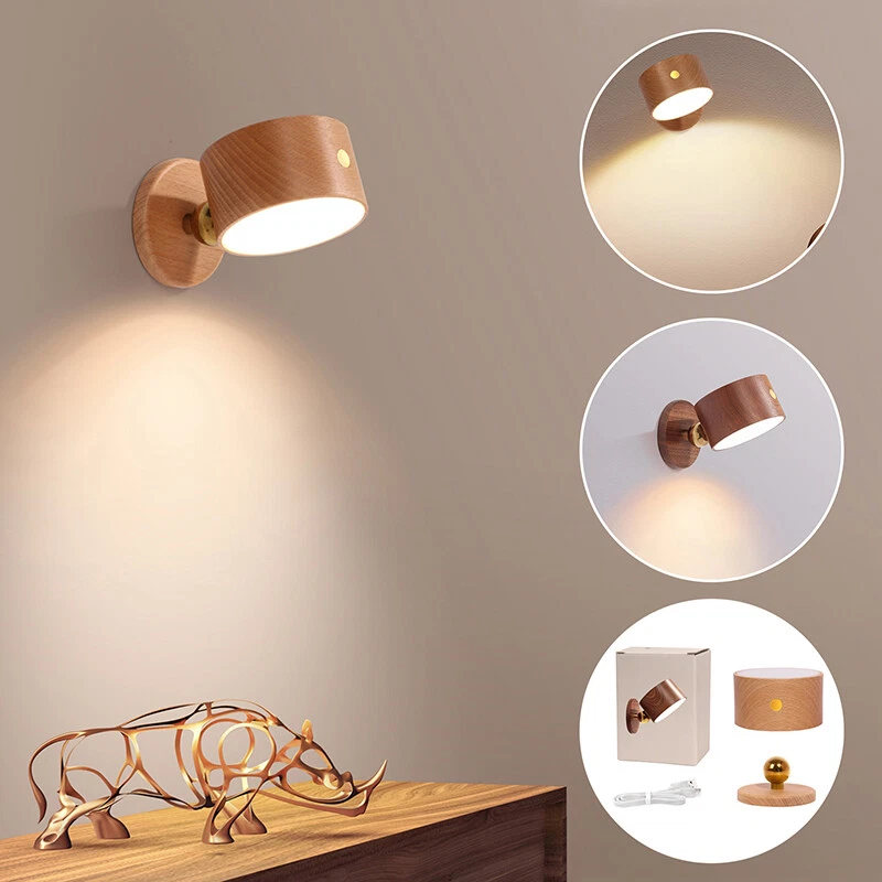 360 Rotation Bedside Wall Lamp Touch Switch Wooden LED Light USB