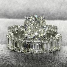 Cushion Cut 8.50Ct Diamond White Gold Finish Simulated Wedding Ring Set Size 7.5