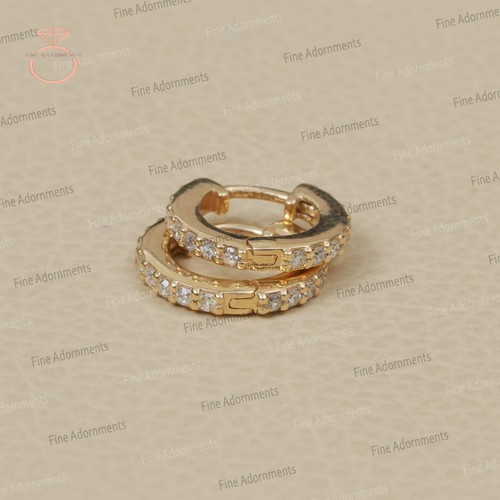 Pave Diamond Solid 14k Gold Huggie Hoop Earrings Dainty Gold Jewelry (Pair) New - Picture 2 of 10