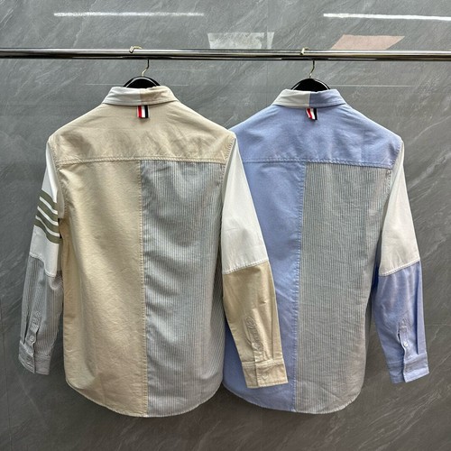 Thom Browne Men's New Contrasting Color Four-bar Long-sleeved Lapel Shirt - Picture 6 of 21