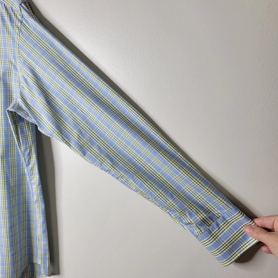 Vestido BOSS Hugo Boss 16 Cuello Calce Regular Amarillo Azul A Cuadros Manga Larga Abotonado Foto 4 de 4