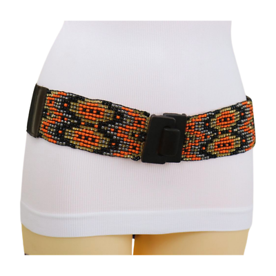 Women Brown Elastic Ethnic Belt Orange Gold Beads Wood  display picture 2