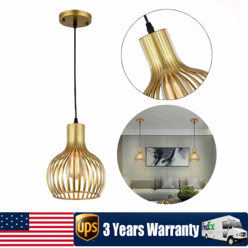 Modern Gold Pendant Light Fixture Hanging Ceiling Kitchen Island Metal Cage Lamp