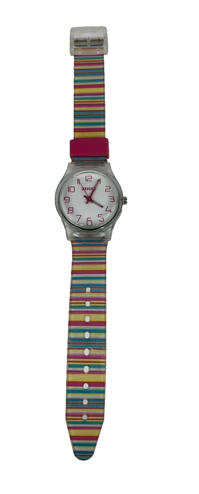 Reloj ZEIGER Mujer Niñas Cuarzo Rayas Banda Rosa Números Nuevo Batería Funcionamiento Foto 3 de 4