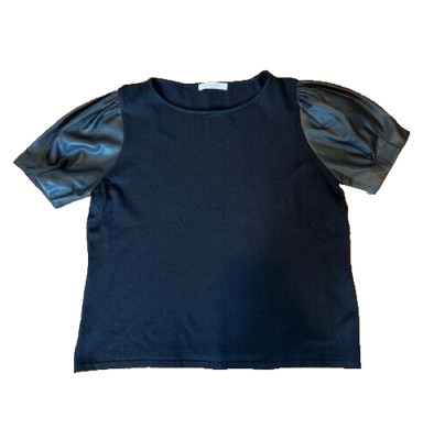 Siani Milano Short Faux Leather Puff Sleeve Knit Top Women's Size M/L