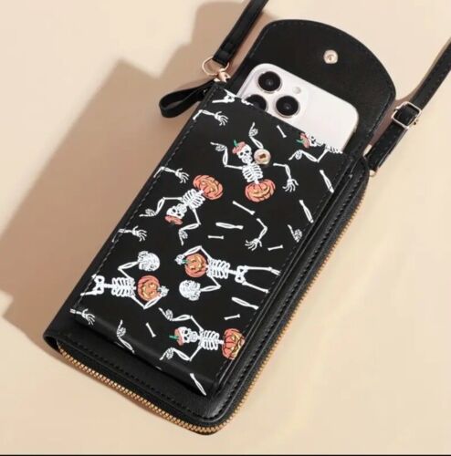 Skelton Black Purse For Women Halloween Fall Cellphone Pouch Pumpkin - Picture 2 of 3