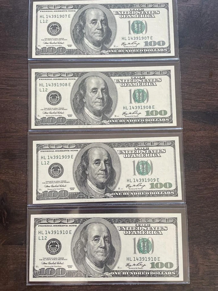 100 hundred dollar $ bills OLD UNC lot of 4 consecutive serial numbers - Image 3 of 4