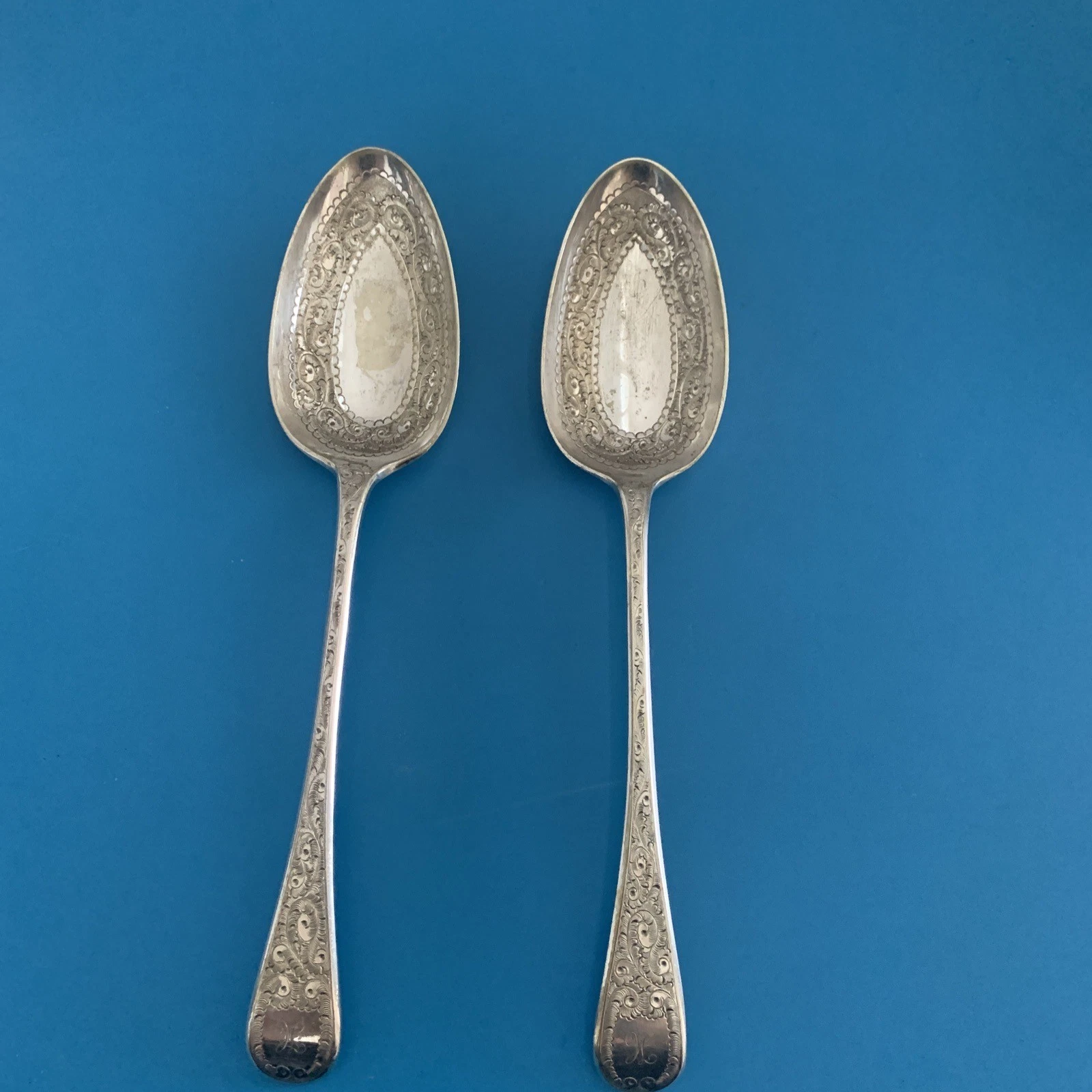 vintage Pair of decorative silverplated gilded Berry Fruit Serving Spoons ~8.75"