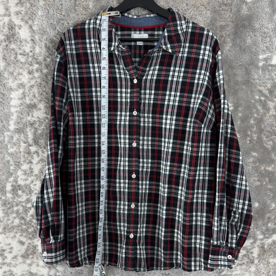 Camisa informal Charter Club para mujer talla grande 3X a cuadros con botones negra roja manga larga Foto 2 de 4