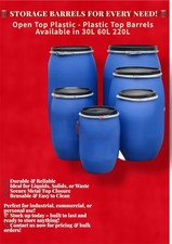 220L Barrel - shipping / storage Open Top Plastic Drum Lockable Lid UK 