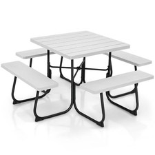 Outdoor Picnic Table with 4 Benches and Umbrella Hole-White