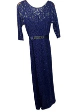 Rickie Freeman Teri Jon Lace Sequin Long Evening Dress Size 10 Blue 3/4 Sleeve