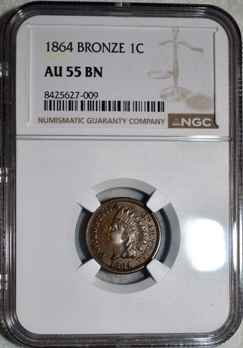 NGC AU-55 BN 1864 Bronze Indian Head Cent, Smooth, Chocolate-Brown specimen.
