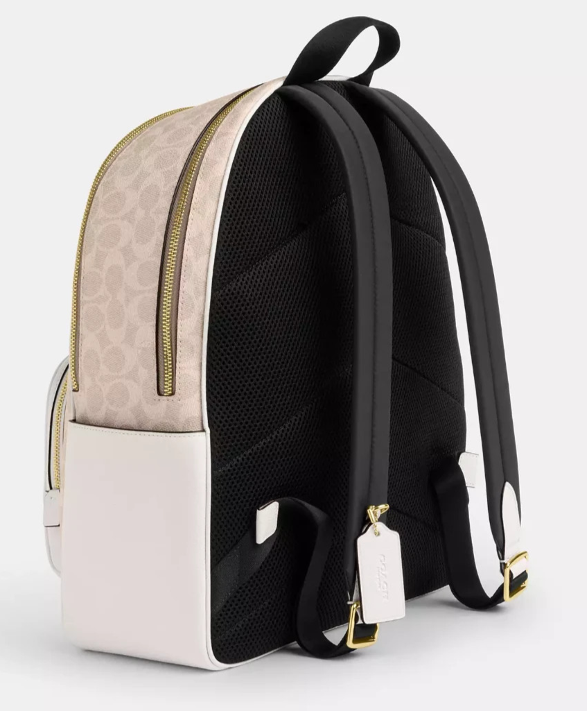 Coach Signature Backpack Gold Hardware Tan w Navy Trim Two Tags Charms Canvas Coach Large Court Backpack In Signature Canvas CZ175 Gold  main image 2