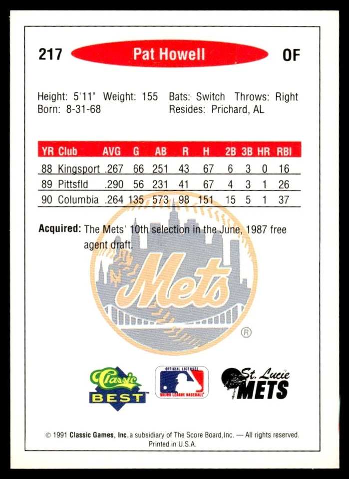 1991 Classic Best Pat Howell St. Lucie Mets #217 - Image 2 of 2