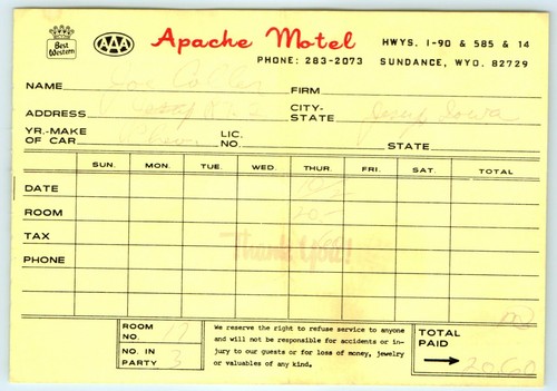 Recibo de registro de Sundance, Wy Apache Motel de la década de 1970 efímero de colección AAA Hotel 2B - Imagen 2 de 3