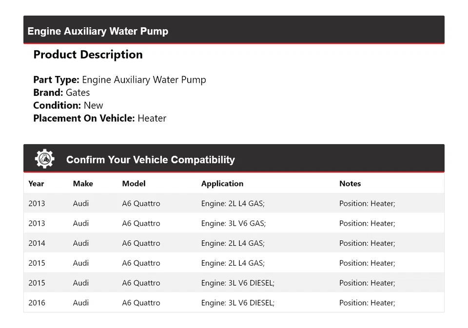 适用于 2013 - 2016 奥迪 A6 Quattro 发动机辅助水泵加热器门 2014 2015 — 第 2/4 张图片