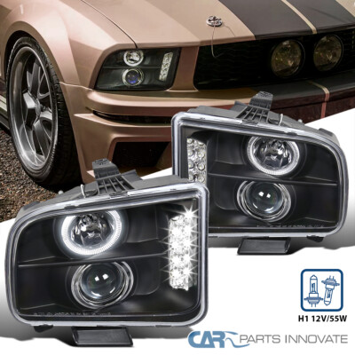 Fits 05-09 Ford Mustang Matte Black LED Halo Projector Headlights Head Lamps L+R