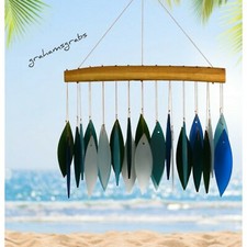 OCEAN BREEZE GLASS  DRIFTWOOD WIND CHIME HAND CUT TROPICAL BEACH BLUE HANDWORKS