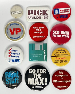 12 Vintage Computer Themed Pinback Buttons PC Week Computerworld Spectrum Maxar