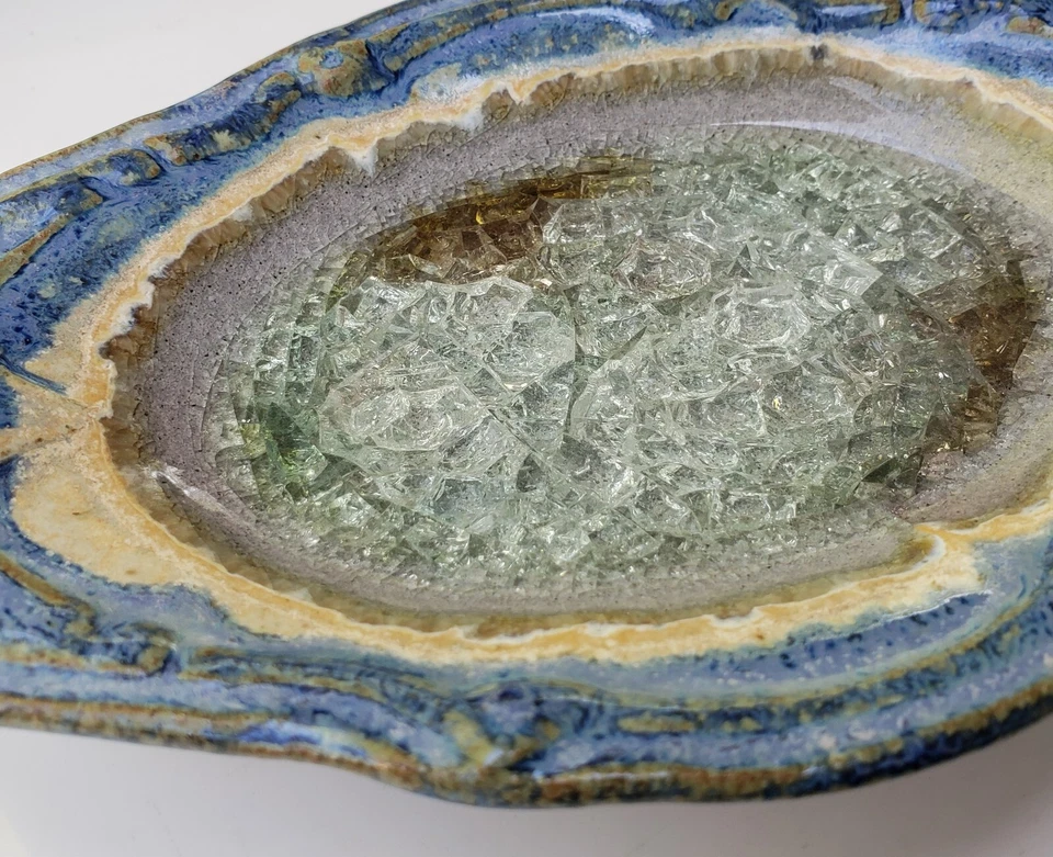 Centro de vidrio agrietado para baratija/jabonera esmalte por goteo de cerámica artística hecho en EE. UU. azul Foto 2 de 4