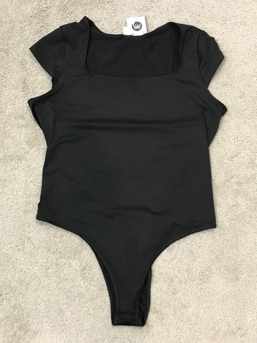 Square Neck Bodysuit Womens XL Black Cap Sleeve Silky Smooth Snap Closure NWT