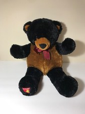 DAKIN Black Tan Brown Teddy Bear With Red Tie EUC Red Gingham Box Grizzly Bear