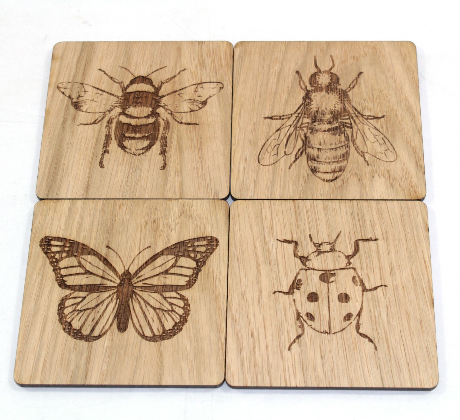 Wood Coaster Set Insects Oak Veneer, Laser Engraved x 4