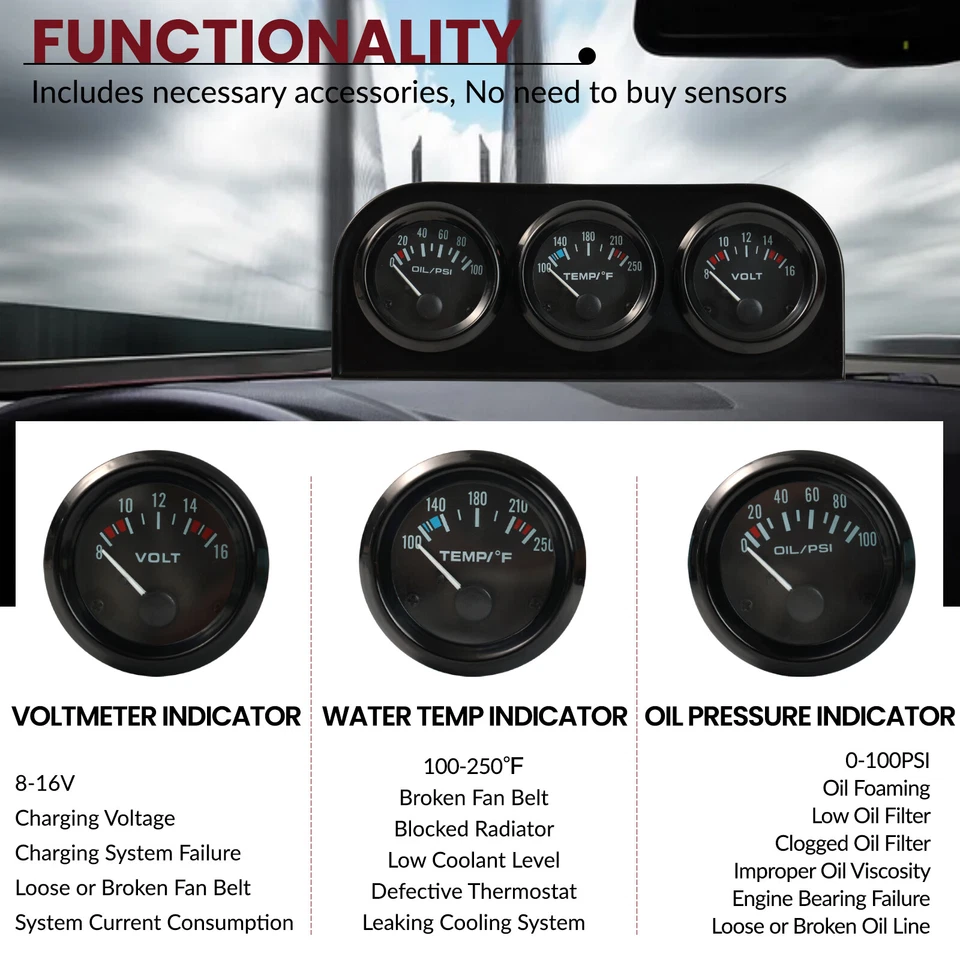 3in1 52mm 2" Chrome Car Triple Gauge Set Kit Water Temp Oil Pressure Volt Meter - Image 2 of 4