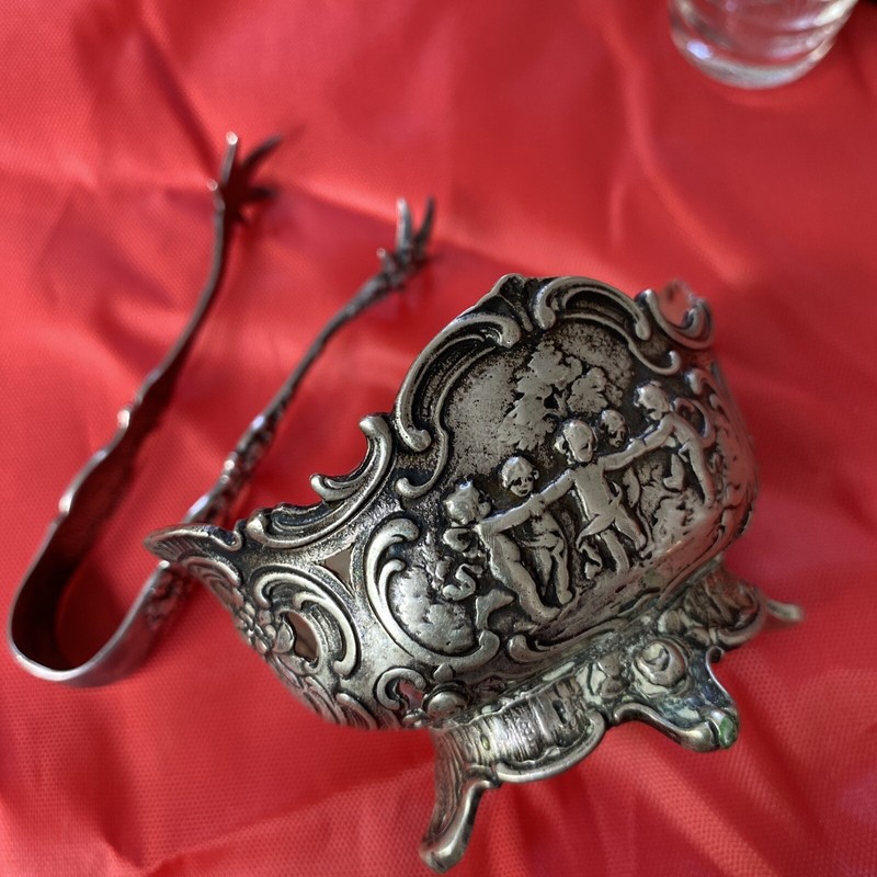 Antique 1800’s STORK & SINSHEIMER GERMAN HANAU SILVER Sugar W Tongs No Glass 69g