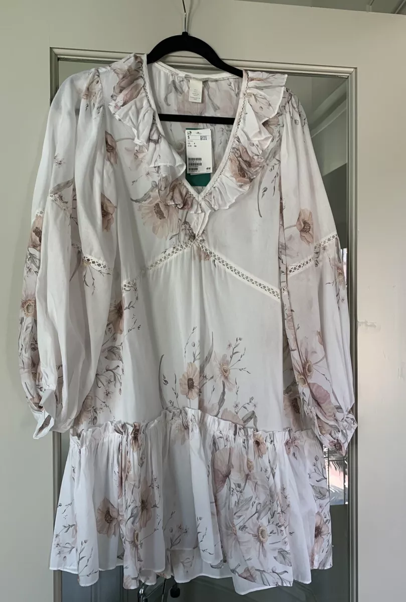 NWT H M Flounced White Floral Summer Dress Oversized NEW US 4