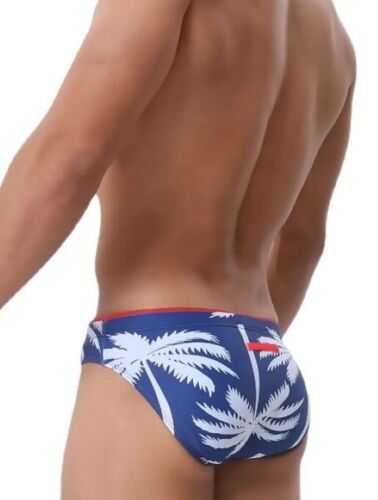 New Mens Sexy Blue Palm Low Rise Bikini Swim Suit w/Contoured Enhanced Pouch-Gay
