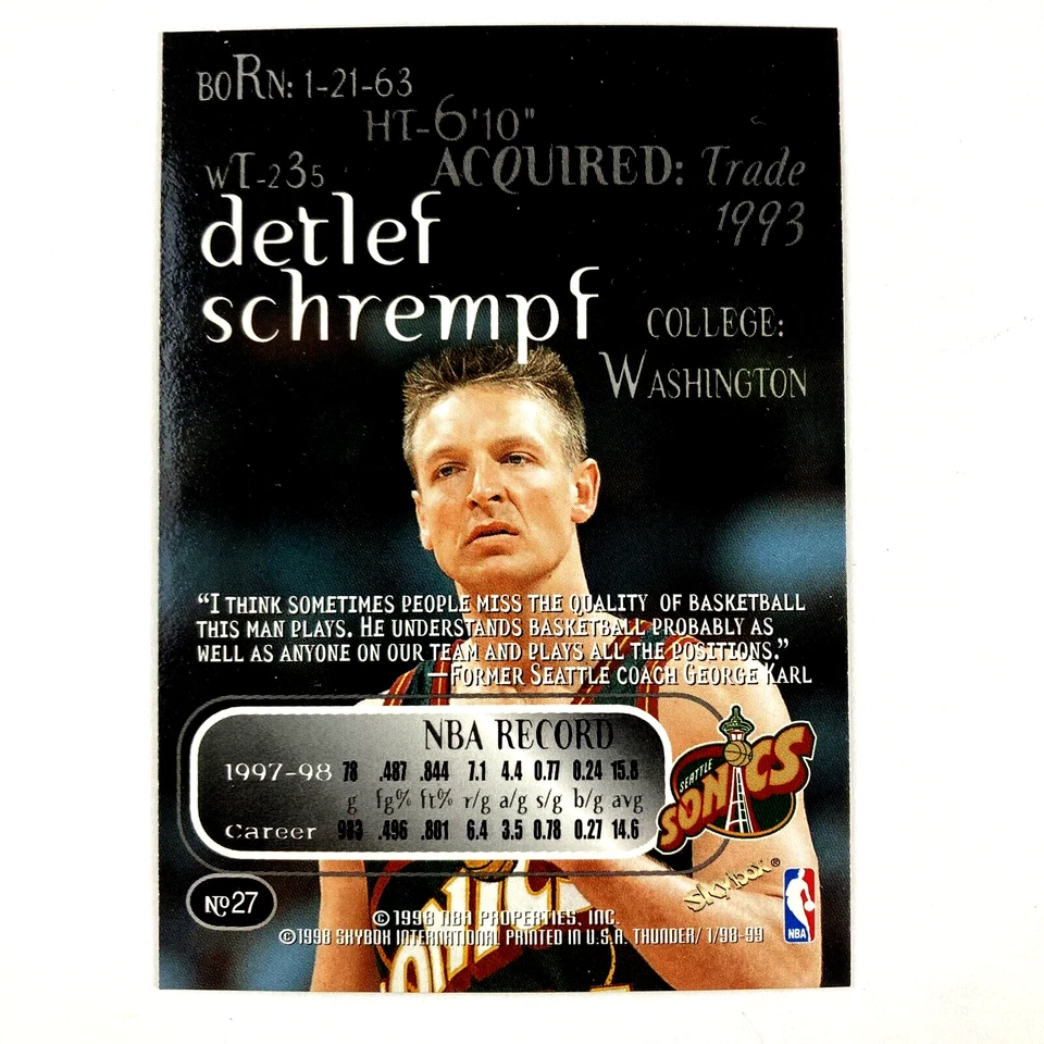 Detlef Schrempf 1998-99 Skybox Thunder Card #27 NBA Seattle Supersonics - Image 2 of 2