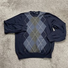 Izod Knitted Sweater Mens Large Blue Argyle Crew Neck Stretch Cotton Pullover
