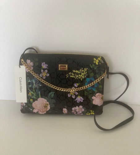 NWT Calvin Klein Black Floral Chained Tote Bag