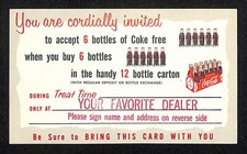 Coca Cola Buy 6 Bottles Get 6 Bottles Free Coupon Card c1955 VGC