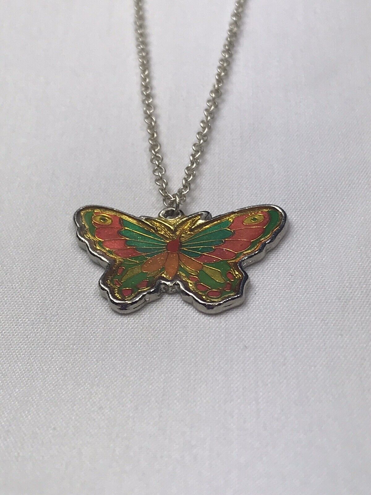 Vintage Enamel Butterfly Pendant Necklace, Silver Tone , 16