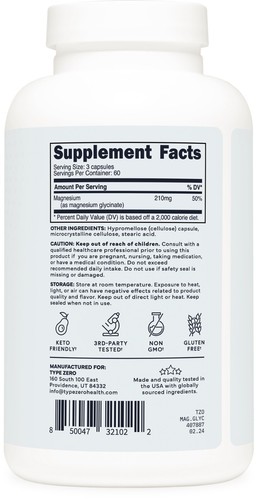 Type Zero Magnesium Glycinate (210mg | 180 Capsules) Pure, Non-GMO, Gluten Free - Picture 4 of 4