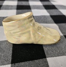 Chic Pottery Ceramic Baby Shoe Bootie Figurine Dated 1939 Glossy Gold Trim