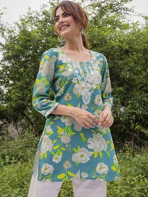 Indische Frauen Aqua grün Viskose bestickt bedruckt Top Tunika Kurta Kurti...